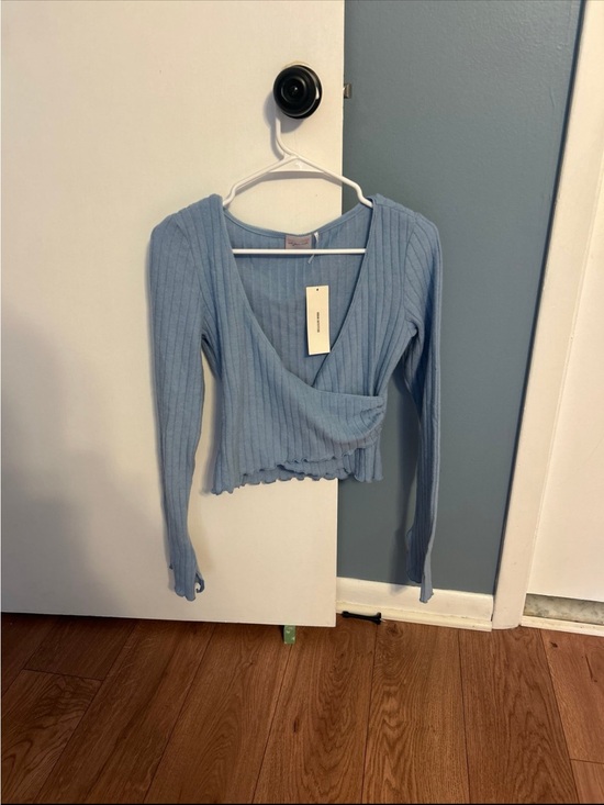 Urban Outfitters Sweaters - Urban Outfitters Light Blue Ribbed Wrap Crop Top